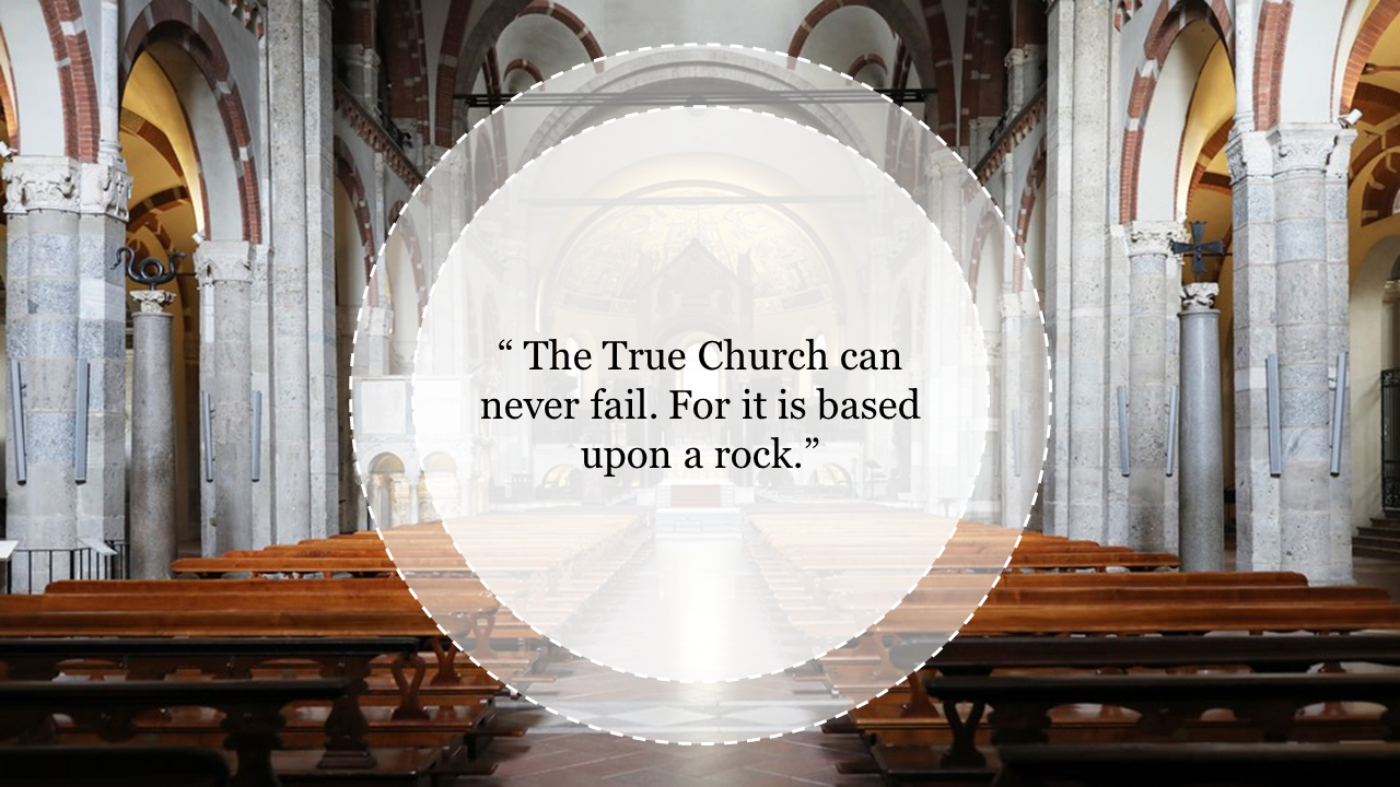 Elegant church background slide with a quote in a translucent circular frame, centered among the pews and arches.