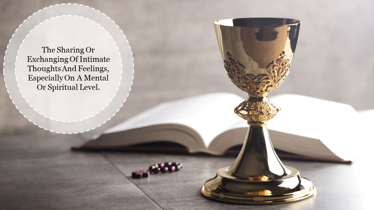 Communion background slide showcasing a golden chalice next to an open Bible and rosary beads, with a spiritual message.