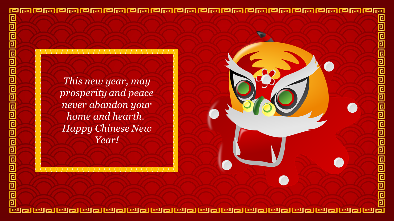 Chinese new year design with a festive lion head illustration on a red background and golden border.