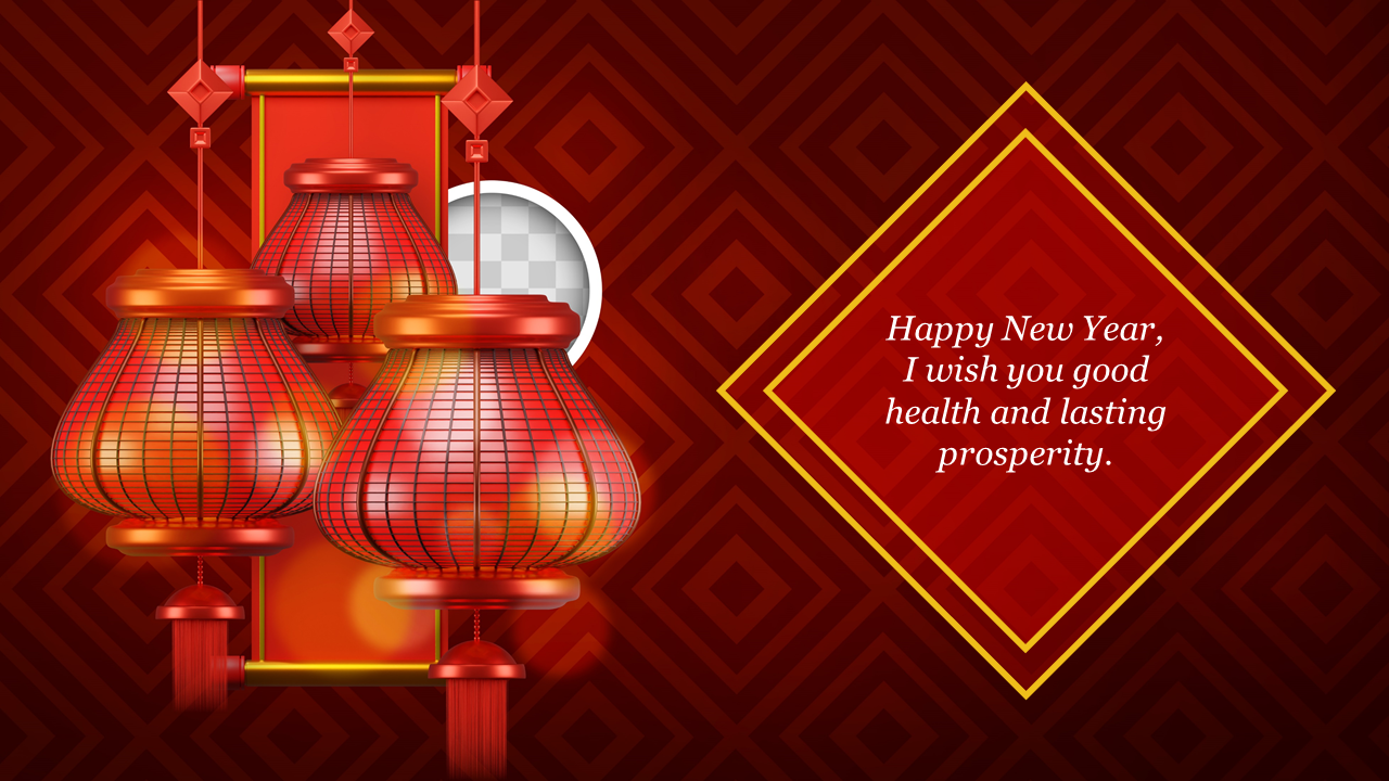 New Year template with hanging lanterns and a diamond shaped frame with text, all set on a geometric red background.