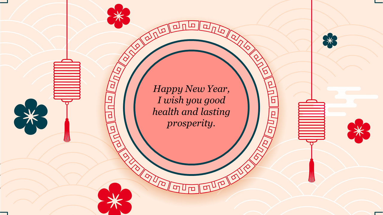 New Year greeting inside a bordered circle, surrounded by red lanterns and floral decorations on a beige backdrop.