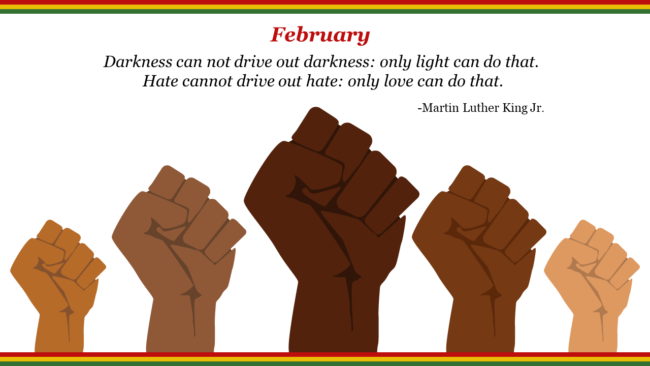 Illustration of raised fists in various skin tones symbolizing unity and strength, with a quote by Martin Luther King Jr.