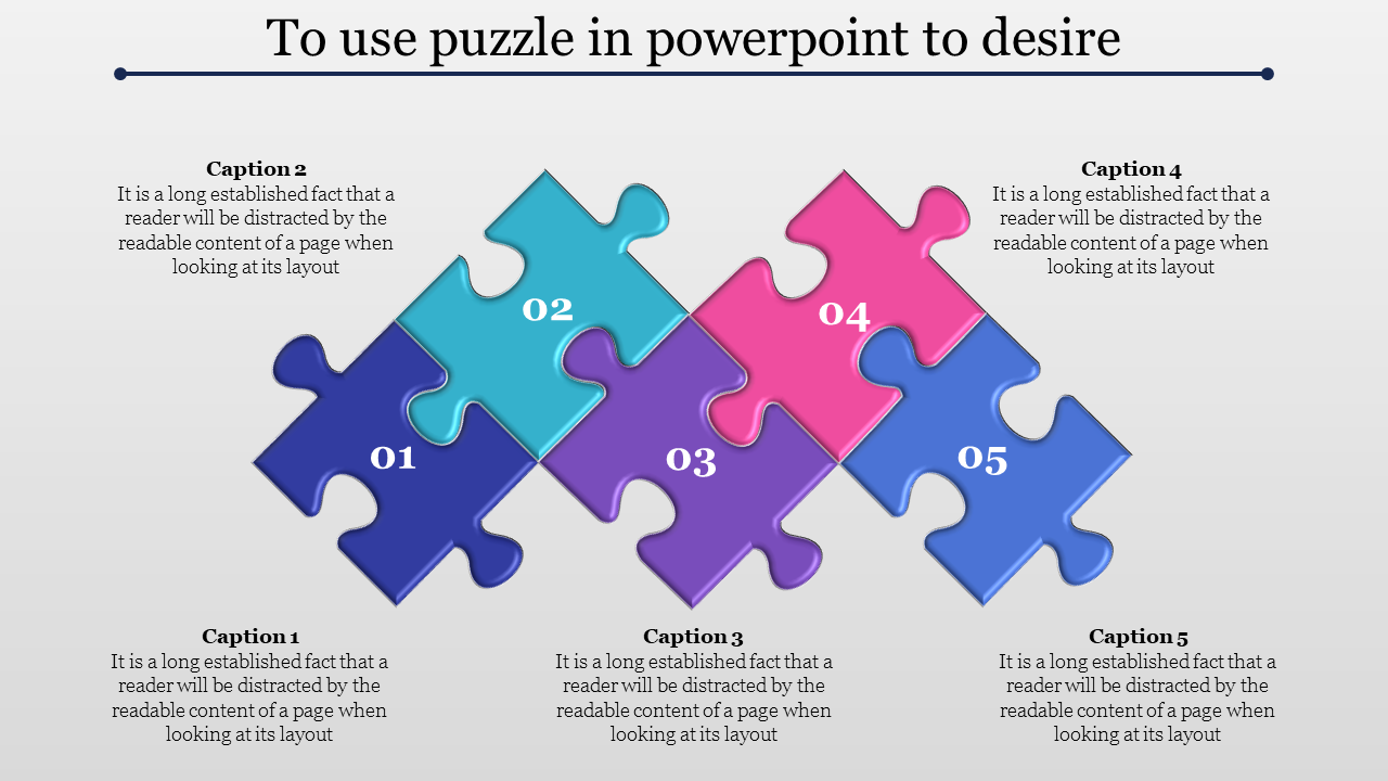 Zigzag arrangement of five colorful puzzle pieces, numbered sequentially, with captions surrounding the design.