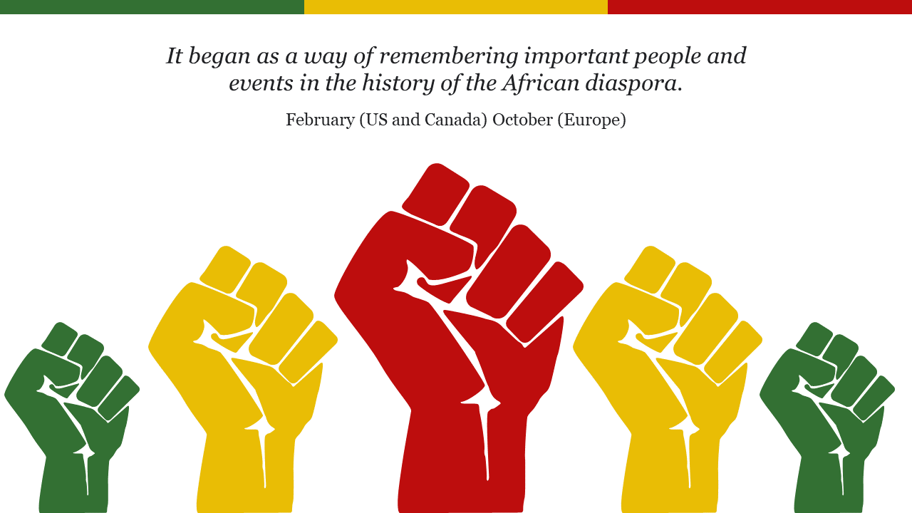 Black history month slide with colorful raised fists in red, yellow, and green, paired with a text at the top.