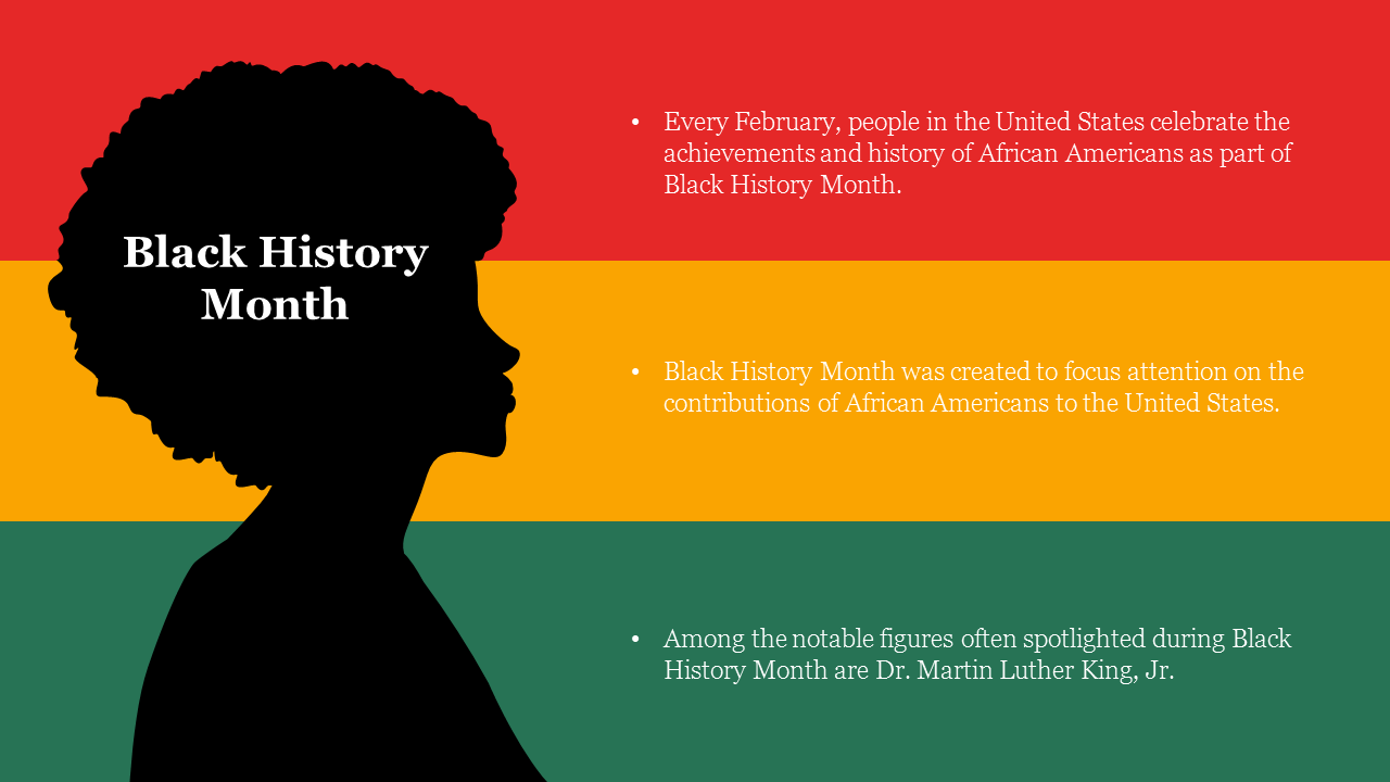 Black History Month slide with a silhouette of an African American woman and text about the celebration.