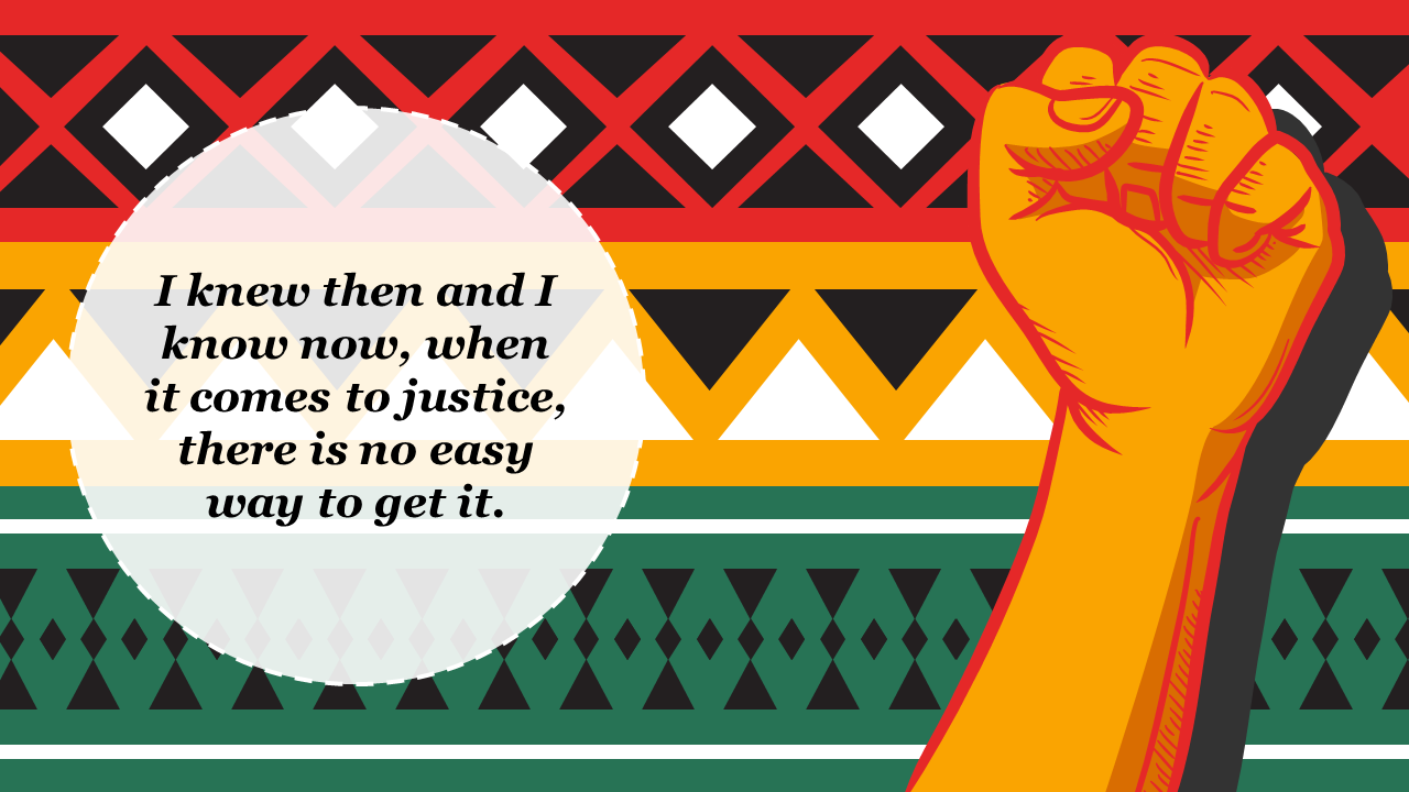 Black history month slide with an illustration of a raised fist with a colorful patterned background and a quote.