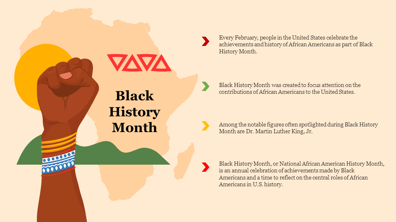 PowerPoint slide celebrating Black History Month with key facts and figures on African American contributions.