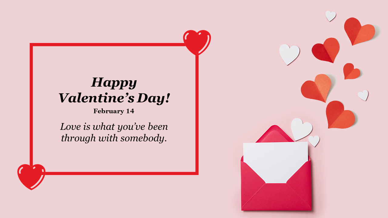 Microsoft Valentine's day template featuring hearts and a red envelope with the message and a quote about love.