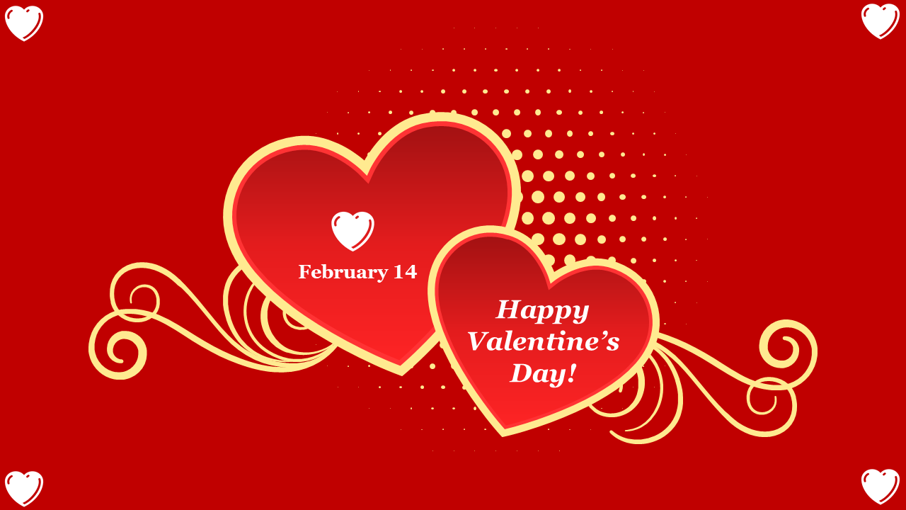 Red valentine's day background with two overlapping golden-bordered hearts and decorative swirls.