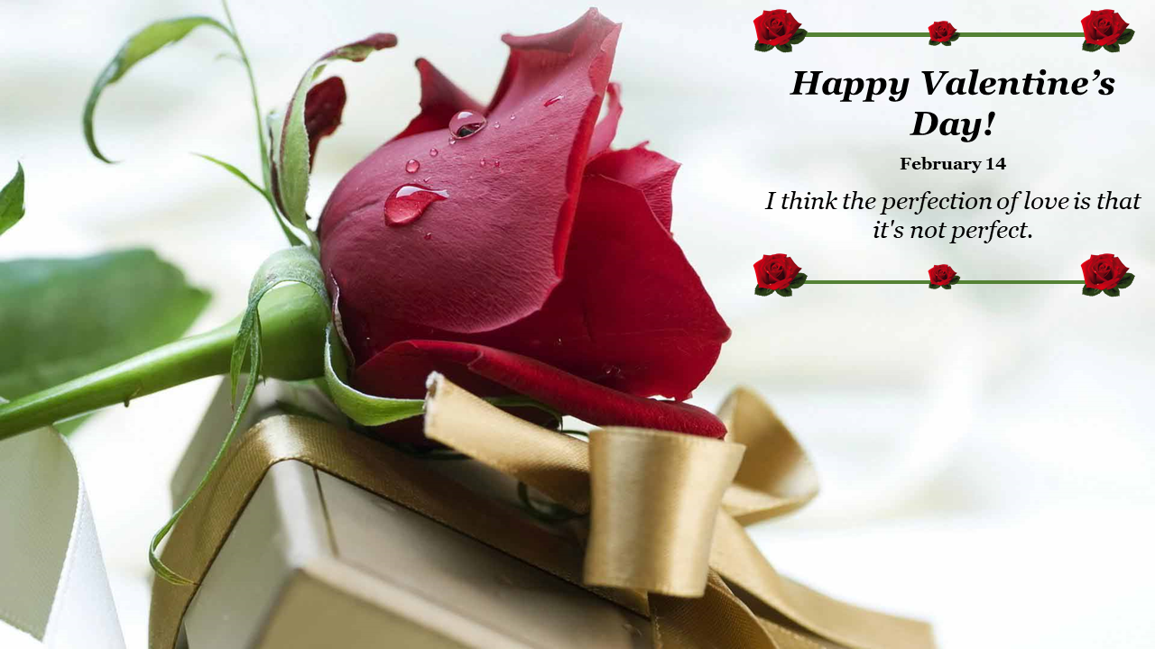 Valentine's day slide featuring a red rose with dewdrops on a gold gift box with ribbon, on a soft white background.