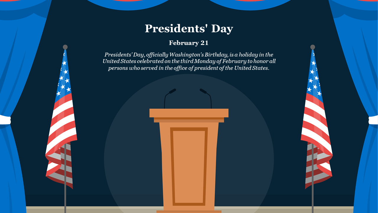 Presidential podium flanked by two American flags on a stage with blue curtains, set against a dark background.