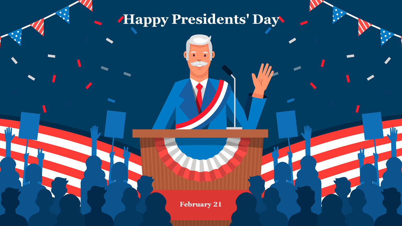 Graphic of a Presidents' Day celebration with a leader at a podium, crowd holding signs, and festive decor.