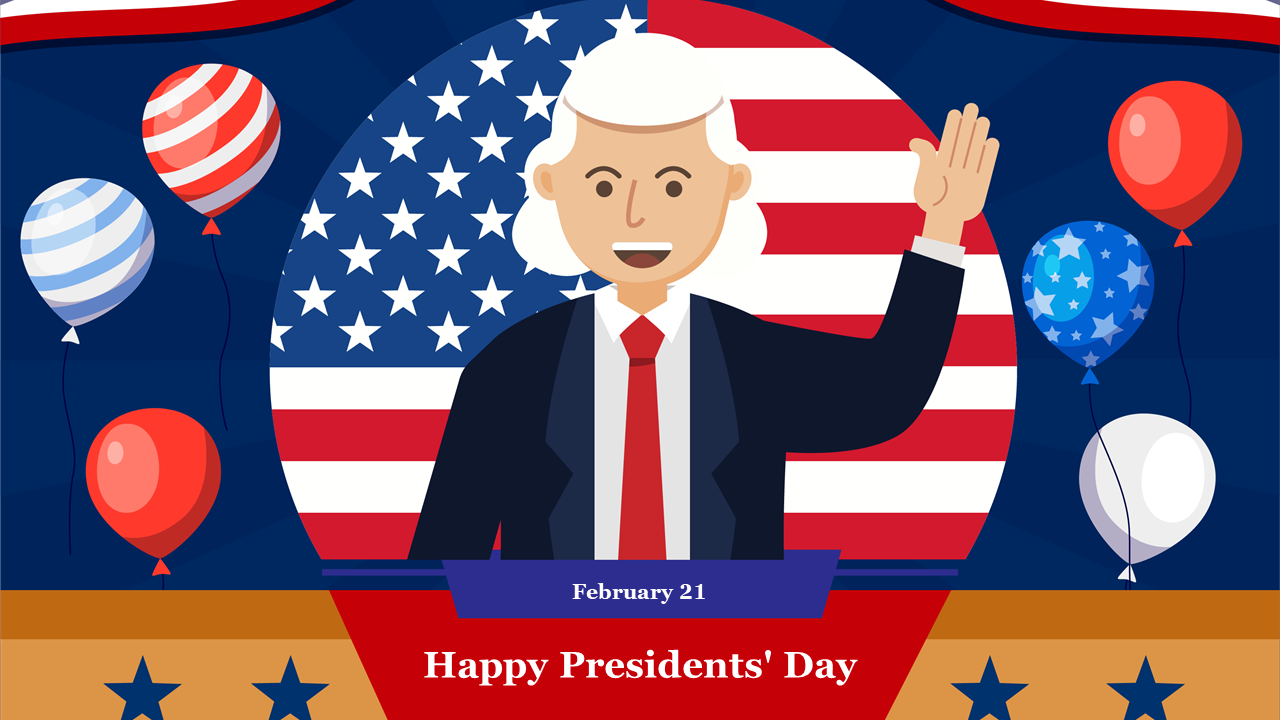 Cartoon-style image featuring a waving man with white hair, set against a U.S. flag and colorful balloons.