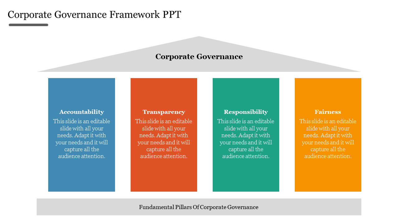 Slide illustrating corporate governance with four colored pillars, each representing a key principle and placeholder text.