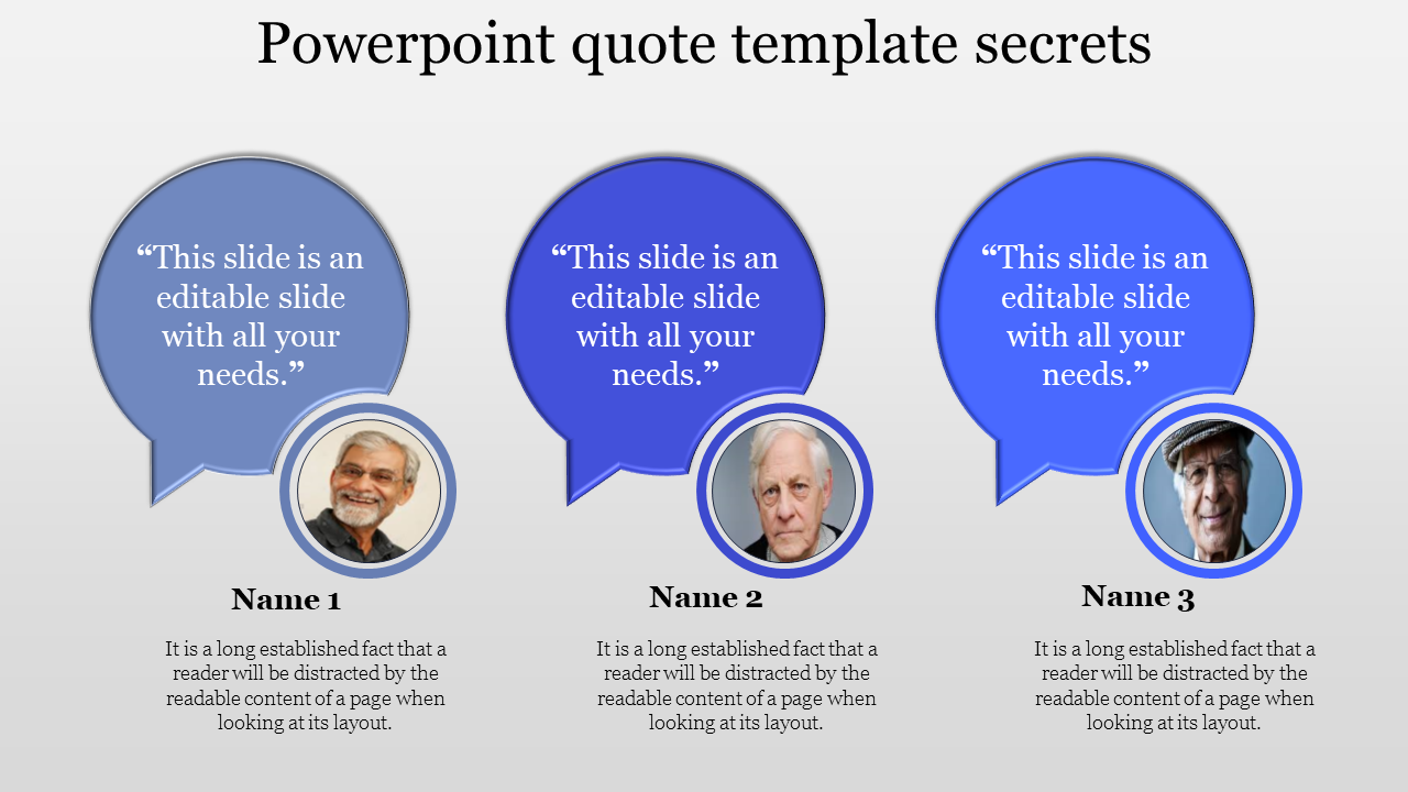 Three blue speech bubbles with photos below, illustrating a quote template with placeholders.