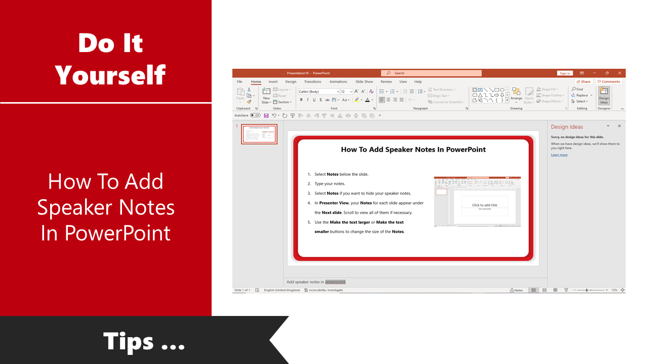 DIY guide slide on adding speaker notes in PowerPoint, featuring clear instructions and a visual example.