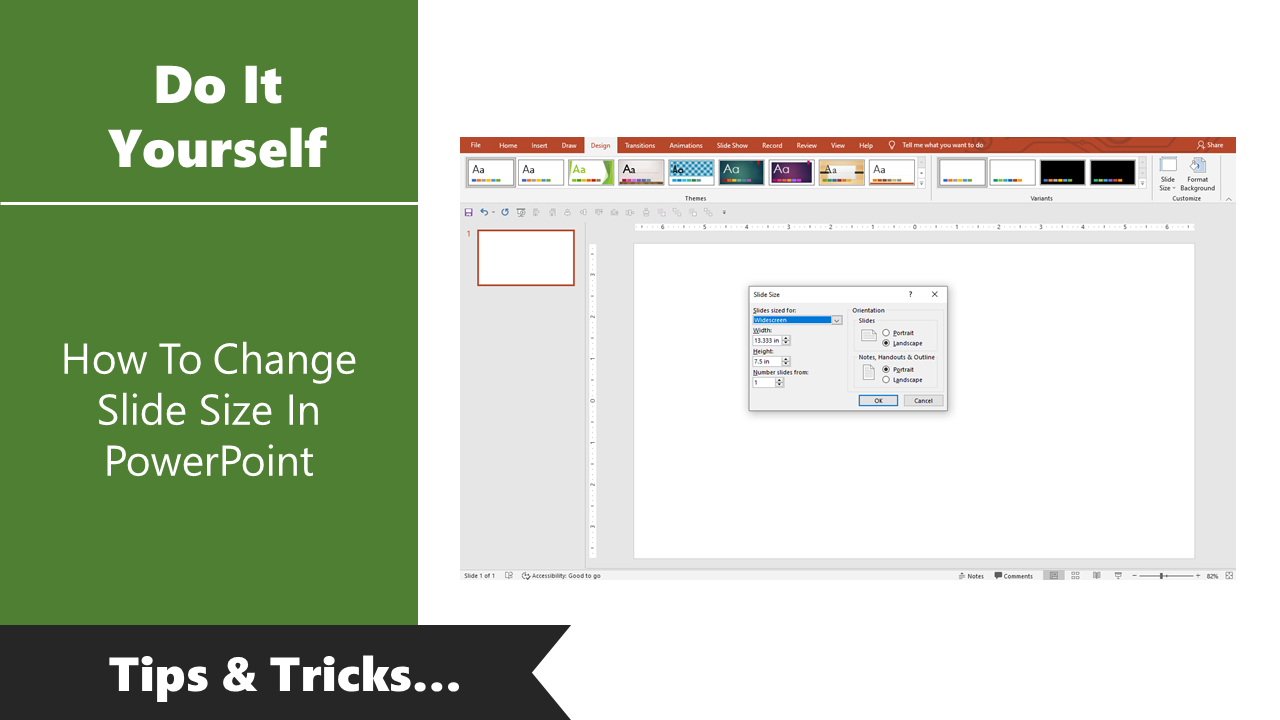 Guide on changing slide size in PowerPoint, with a display of the slide size dialog box.