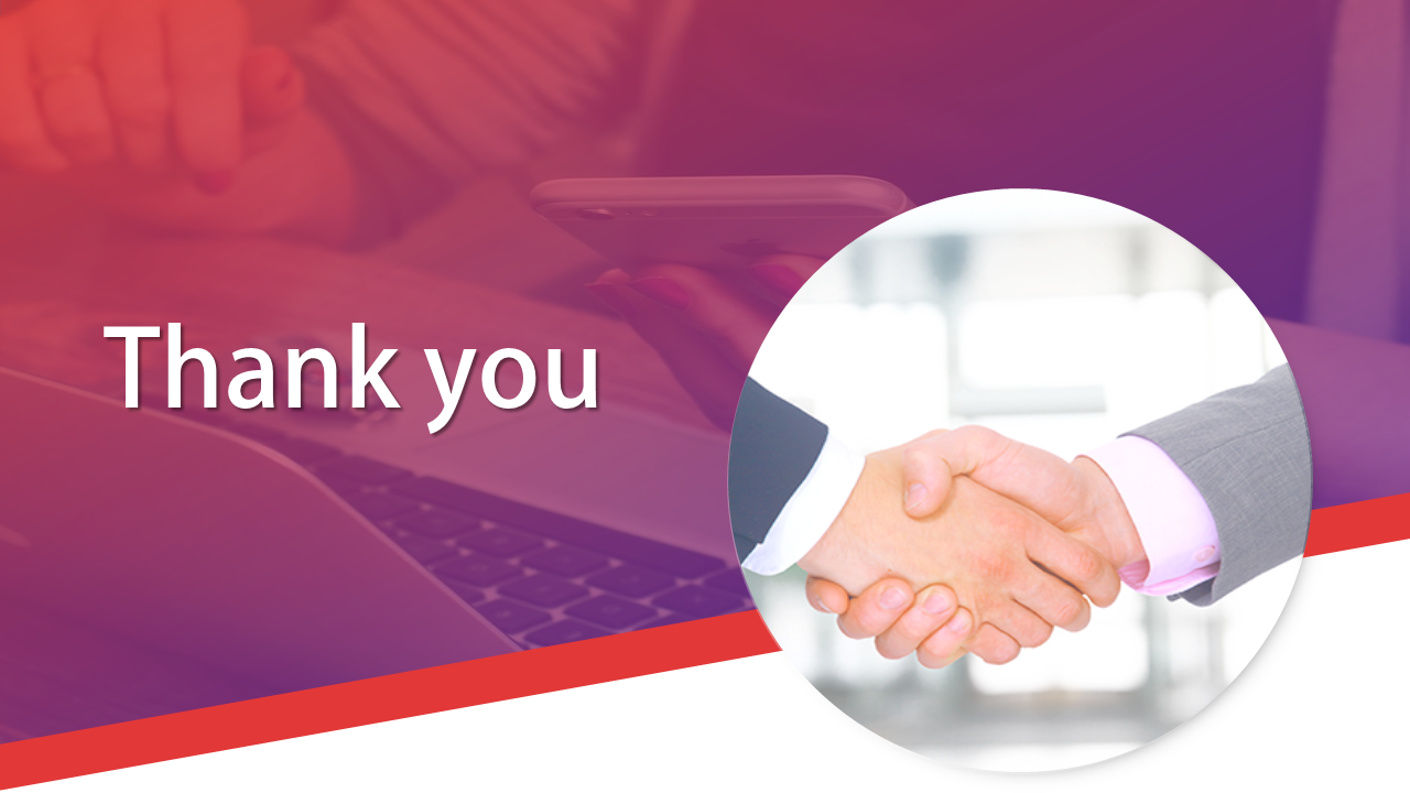 Thank you slide featuring a handshake graphic and a purple-to-red gradient overlay with a title text.