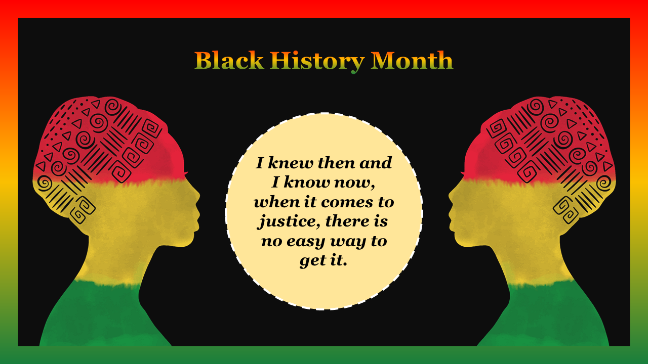 Slide featuring two female silhouettes with intricate patterns in red, yellow, and green, and a circular quote on justice.