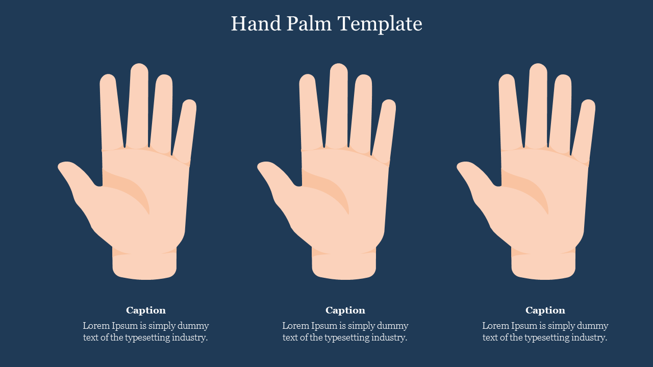 Three illustrated hand palms against a dark blue background, each with space for captions below for labeling or descriptions.