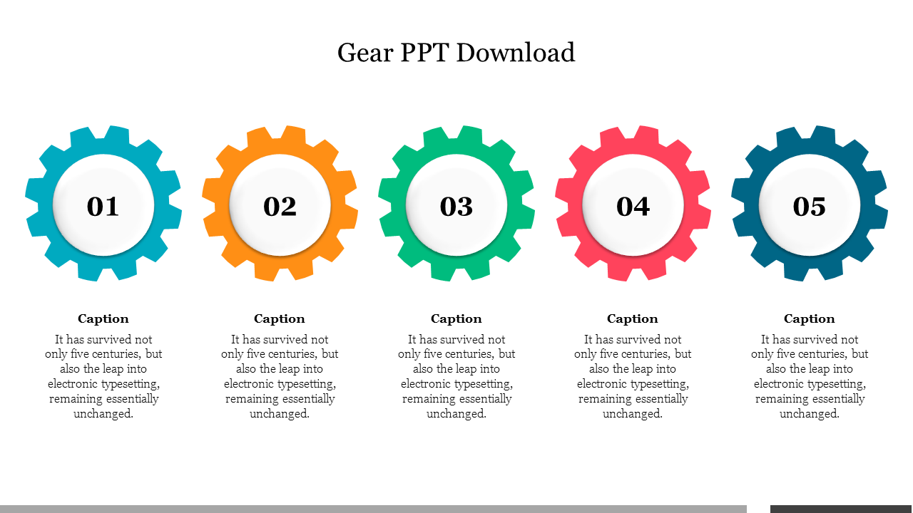 A row of five multicolored gears labeled with numbers from 01 to 05, each with a caption underneath.