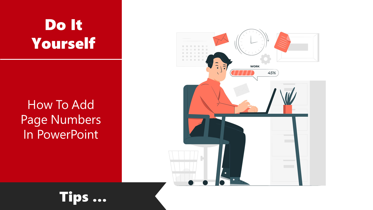 DIY guide for adding page numbers in PowerPoint, featuring an illustration of a person working on a laptop.