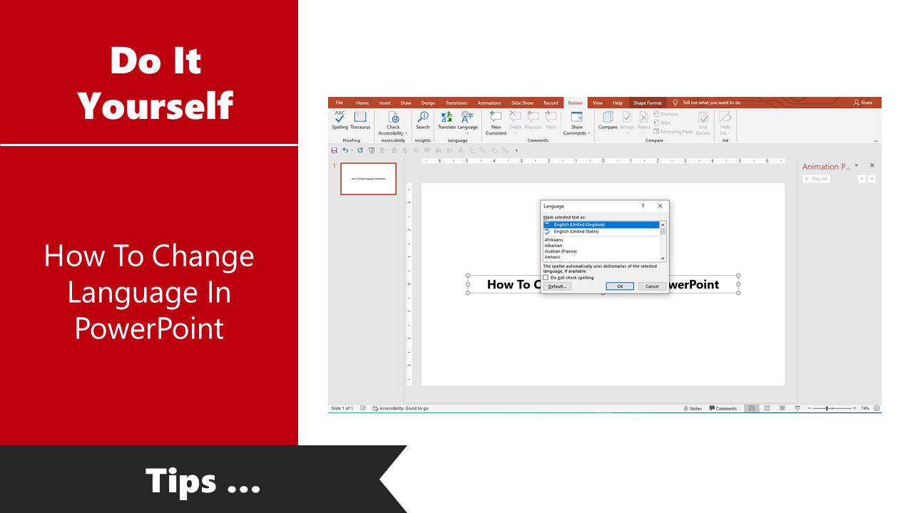 Guide on changing language settings in PowerPoint, showing the language selection window with various options.