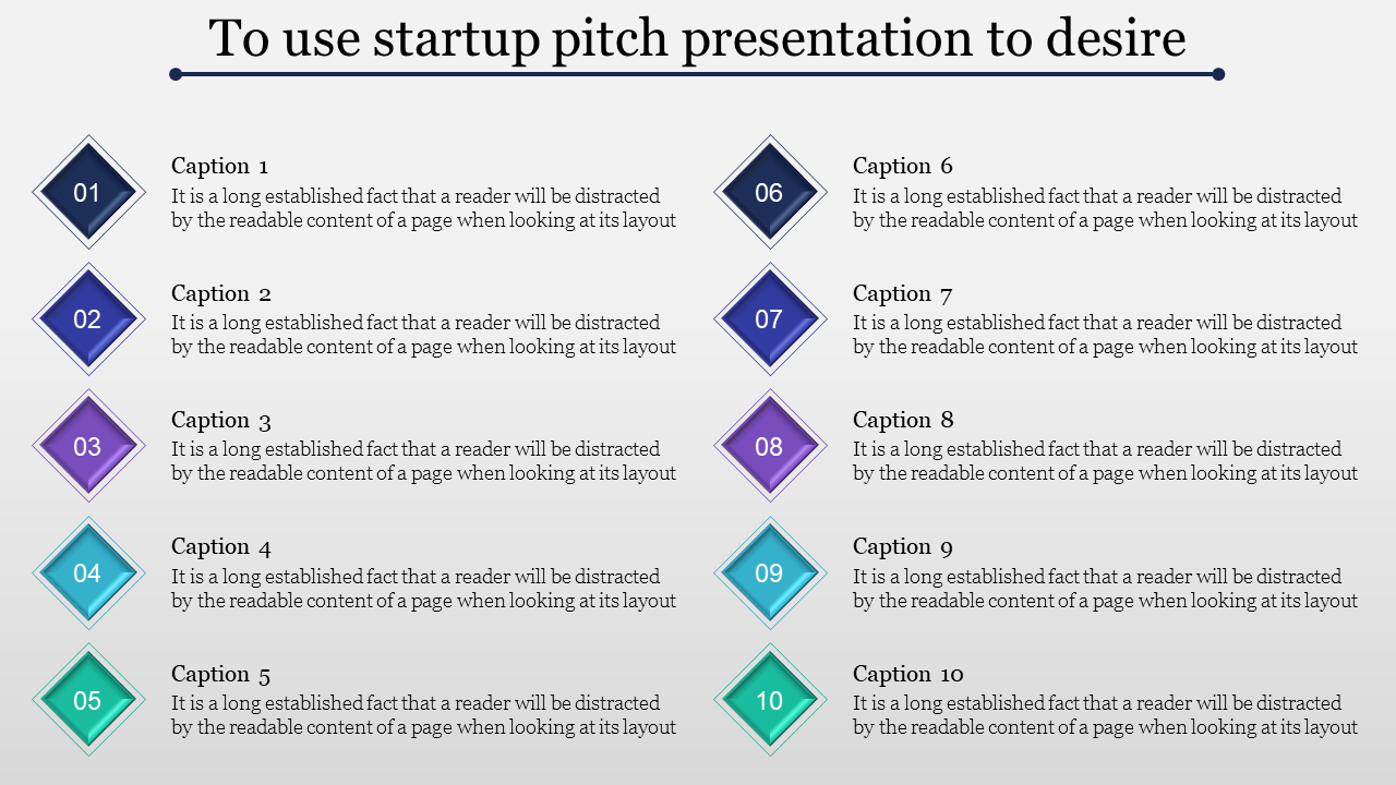 Startup pitch slide with a two column layout featuring ten diamond shaped icons and captions in blue, purple, and green.