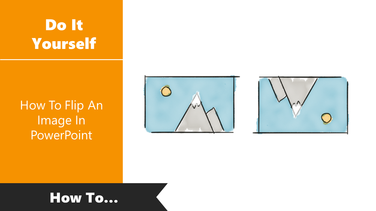 Guide on how to flip an image in PowerPoint with an illustration of a mountain image before and after flipping.