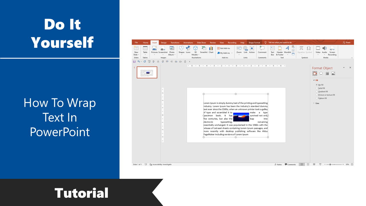 PowerPoint tutorial on wrapping text around an image, with formatting options displayed.