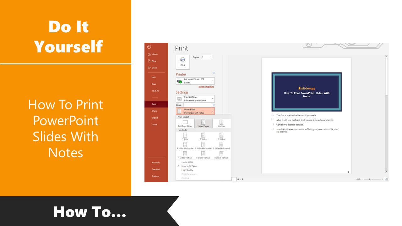 Tutorial on printing PowerPoint slide with notes, displaying the print settings panel and options layout.