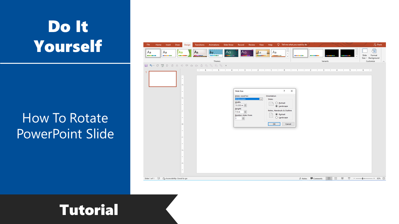 Guide on rotating a PowerPoint slide, showing the slide size and orientation settings window.