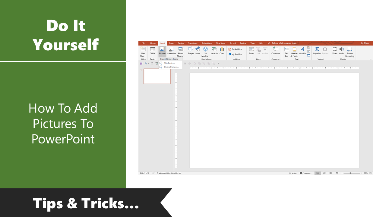 Guide on adding pictures in PowerPoint, showing the Insert tab menu on a blank slide.