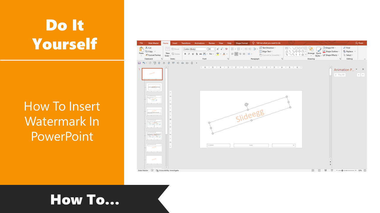 DIY guide on inserting a watermark in PowerPoint, showing a Slideegg text watermark on the slide master view.