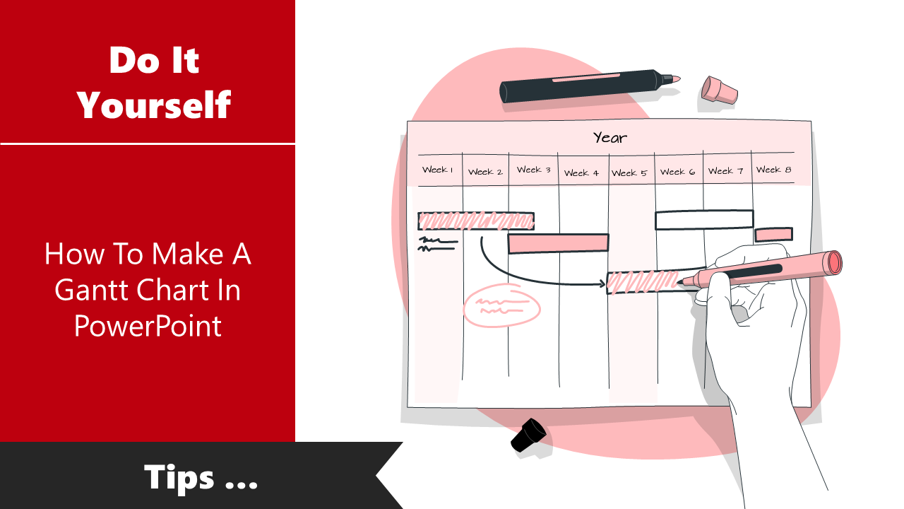 Do It Yourself guide on how to create a Gantt chart in PowerPoint, with a hand marking tasks on a timeline.