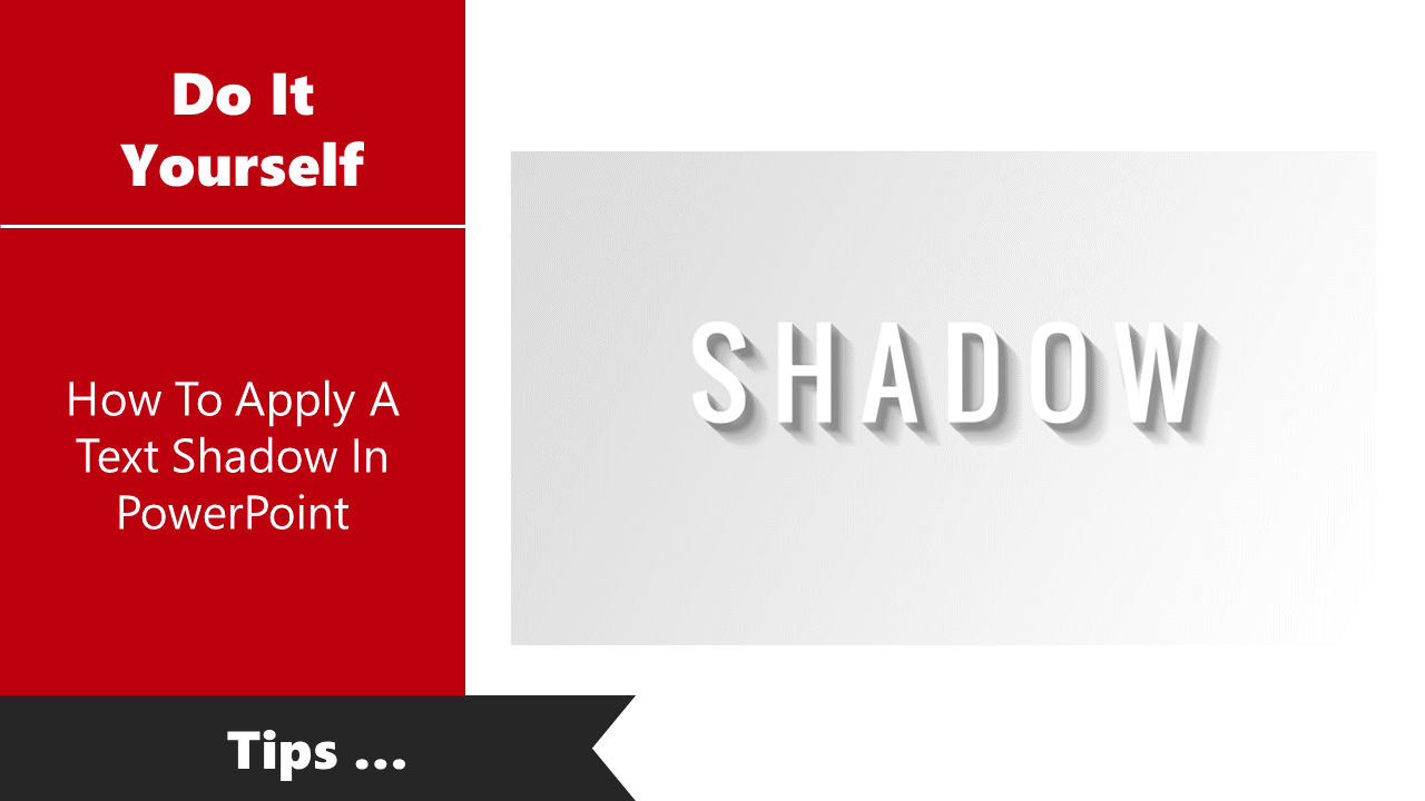 DIY guide on applying a text shadow in PowerPoint, featuring the word with a 3D effect against a gradient background.