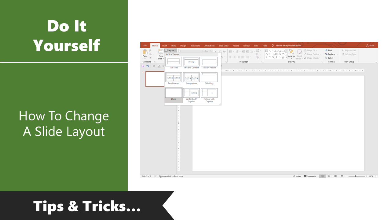 DIY tutorial for changing slide layout in PowerPoint, with options displayed in a dropdown menu.