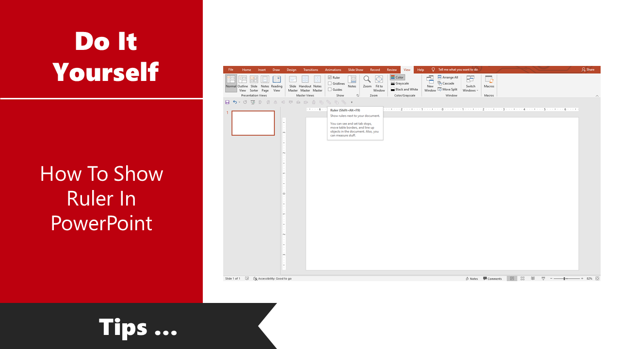 Tutorial showing how to enable the ruler in PowerPoint, with the View tab highlighted.