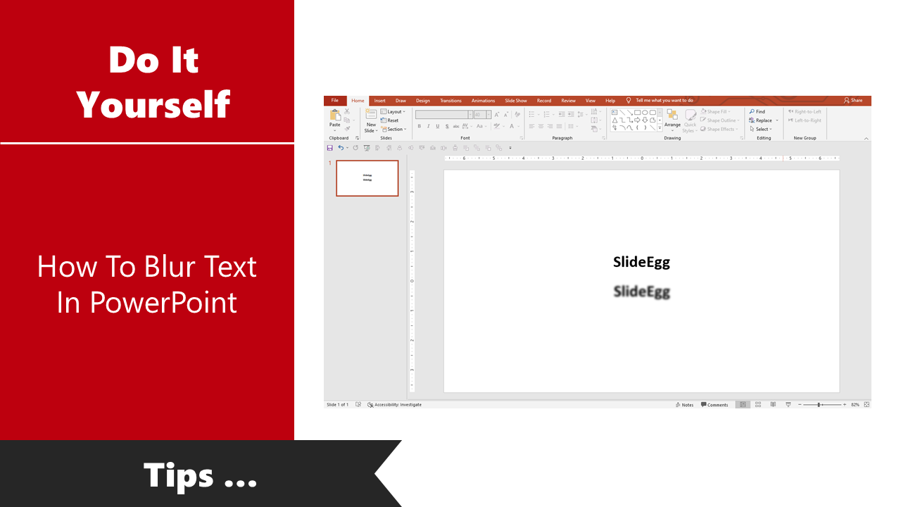 PowerPoint tutorial slide showing how to blur a text on the left, and a workspace on the right showing a blurred text.