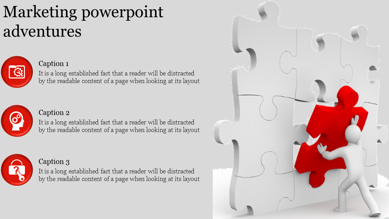 Slide with a 3D figure placing a red puzzle piece into a white wall, and three icons and captions on the left.