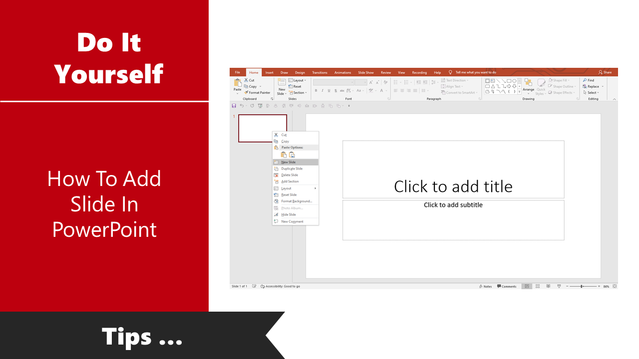 DIY tutorial on adding a new slide in PowerPoint, showing the option in the menu.