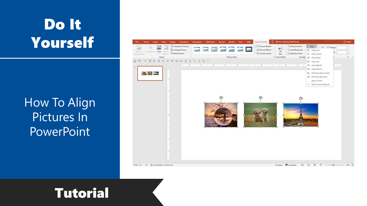 Instructional graphic showing how to align pictures in PowerPoint, with images of scenic landscapes arranged horizontally.