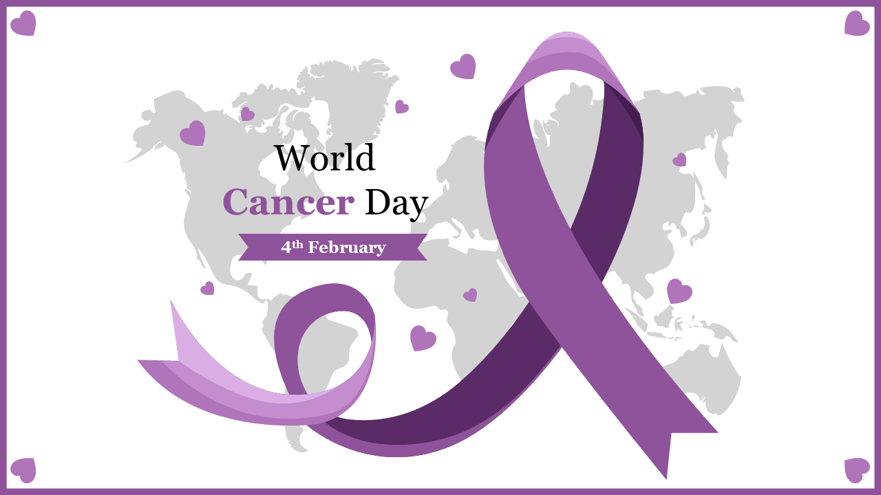 World cancer day poster with a large purple awareness ribbon and the date, 4th february, over a world map background.