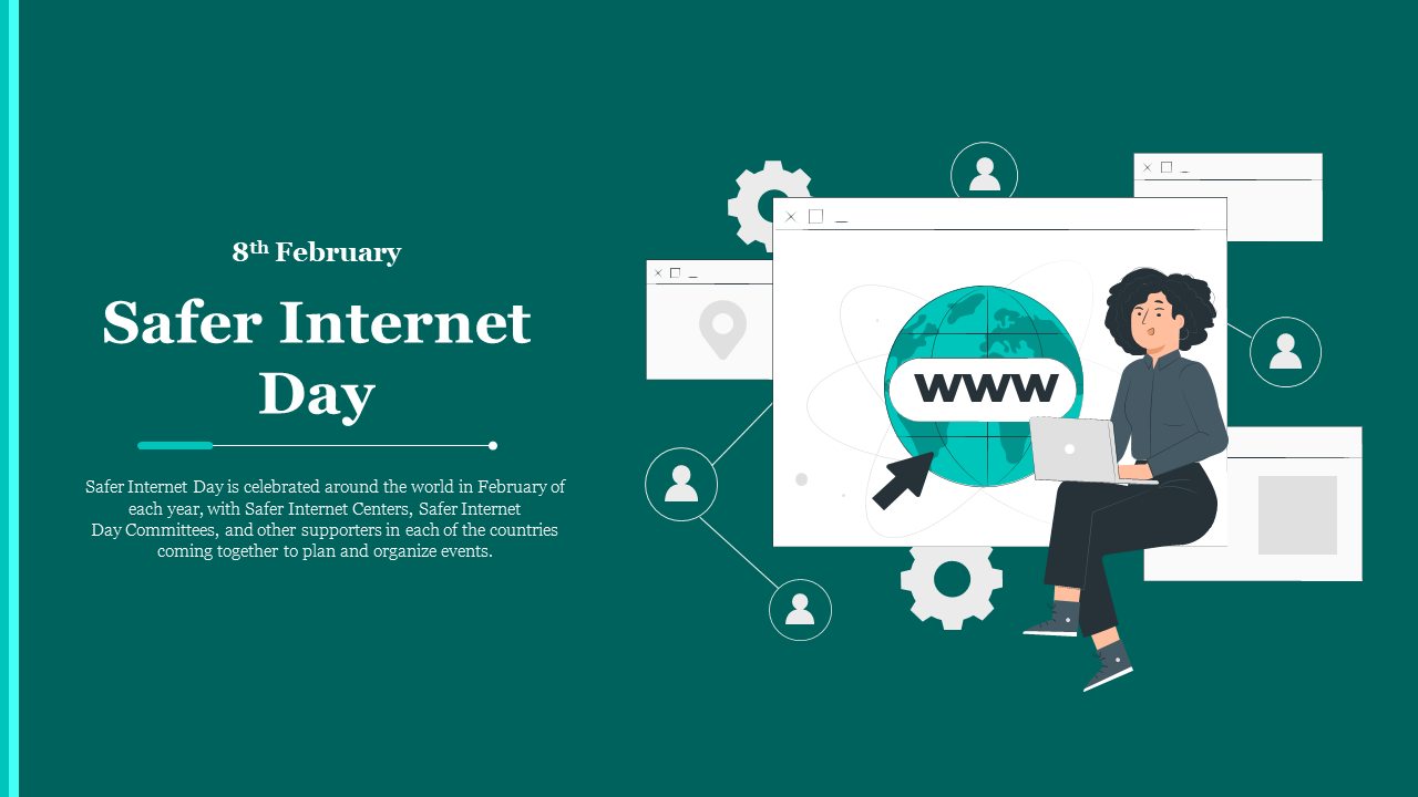 Illustration of a person with a laptop next to a globe and various internet related icons, on a teal background.