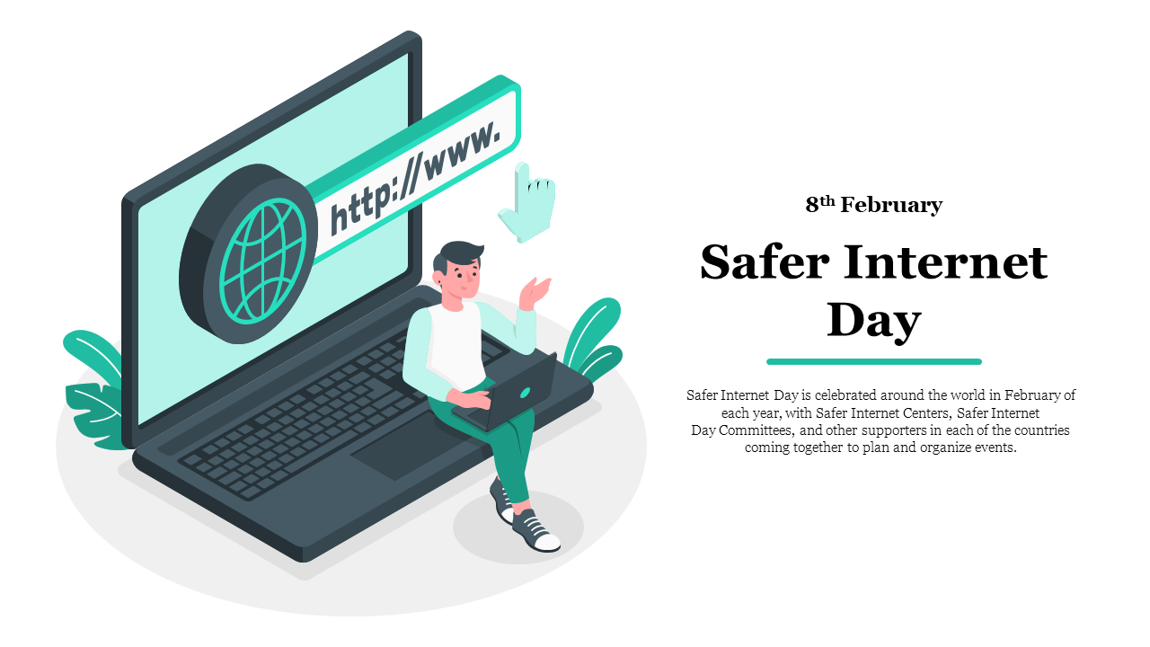 Illustration of a person sitting with a laptop beside a large computer screen and search bar symbol for safer internet day.