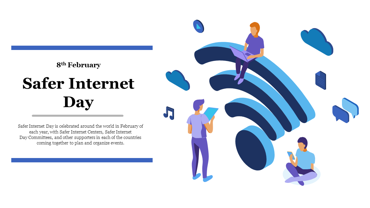 Large blue Wi-Fi symbol with people using devices and digital icons around, with text about safer internet day on Feb 8.