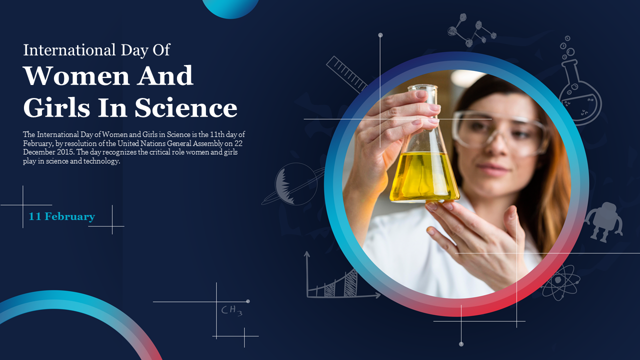 Slide dedicated to women in science, showcasing a female scientist with laboratory equipment and chemical symbols.