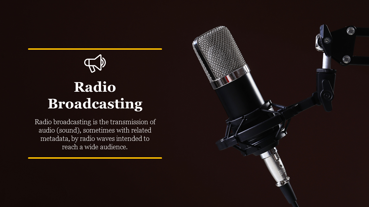 Studio microphone on a stand with text about radio broadcasting and a speaker icon on the left, against a dark background.