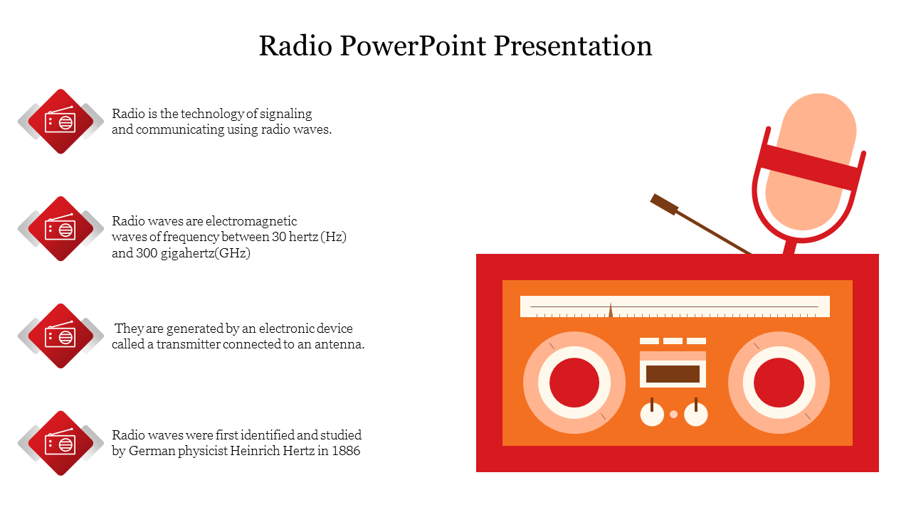 Illustration of a red radio and microphone, paired with four icons and text sections on the left.