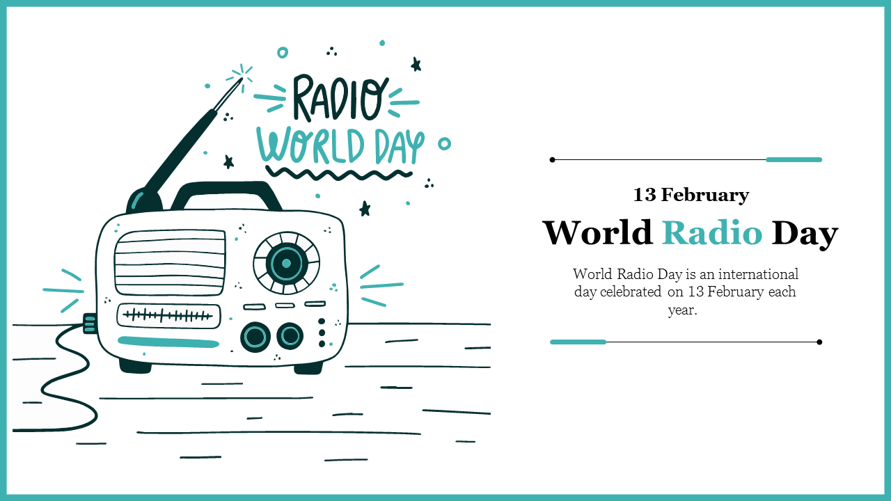 Teal and black sketch of a radio, with minimal text and design elements aligned on the right.